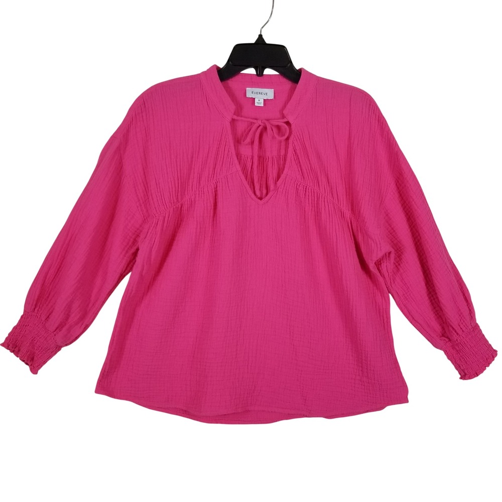 EVEREVE Hot‎ Pink Cotton Gauze Split Tie Neck Smocked Cuff Blouse Womens Medium